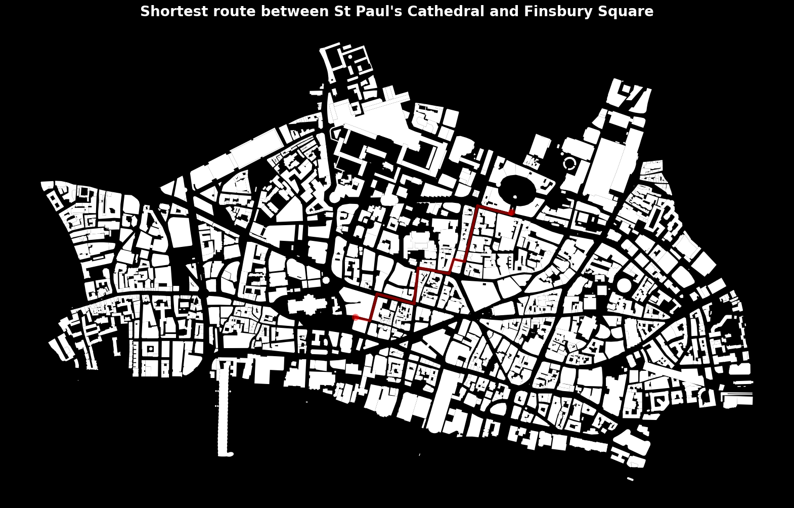 Shortest path example drawn in red over a monochrome basemap